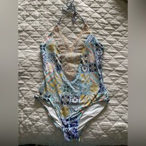 Anthropologie Mosaic Tile Lace-Trim One-Piece Swimsuit - Blue/Yellow/Cream